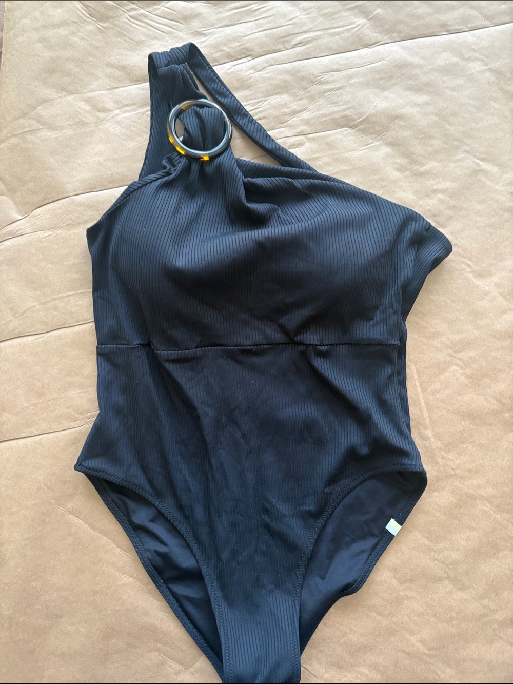 summersalt Black Ribbed One-Shoulder Swimsuit with Tortoiseshell Ring